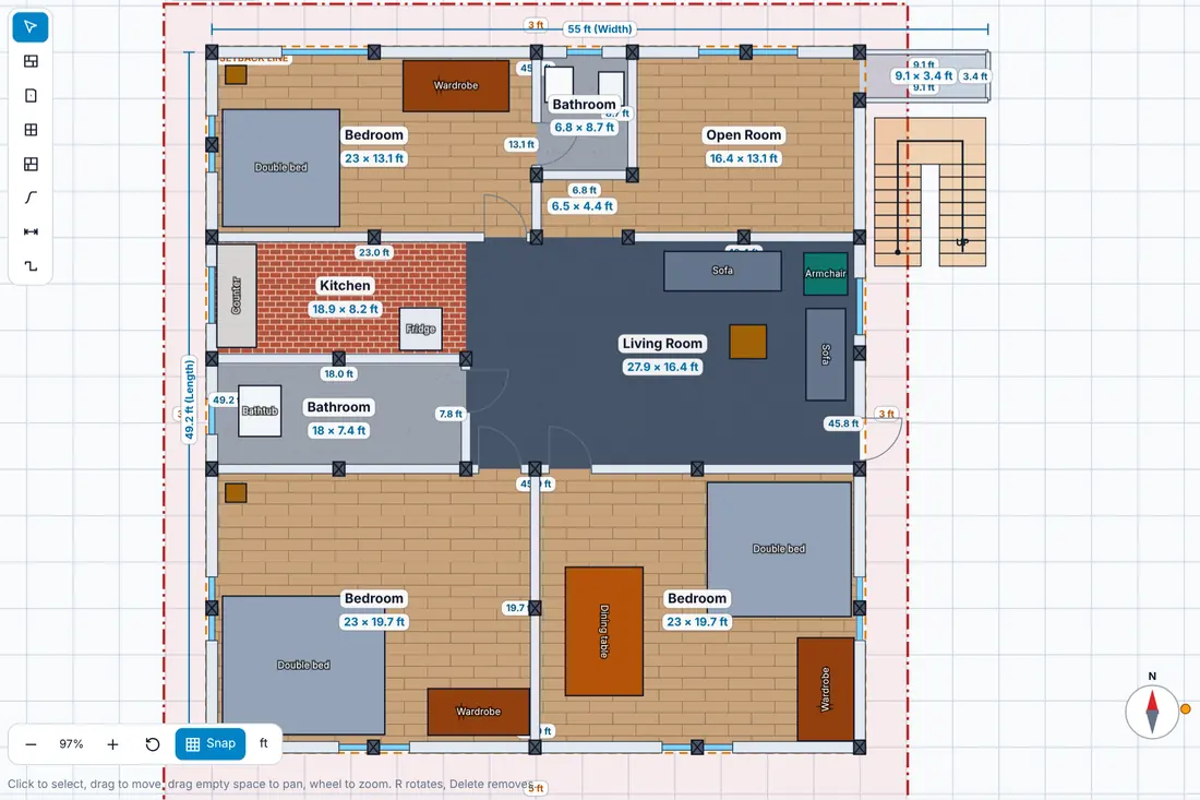 Ground floor plan with rooms, structural columns and dashed plot and setback lines