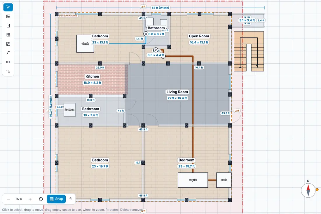 Plumbing layer showing a water line from the tank and a drain line to a septic tank and soak pit