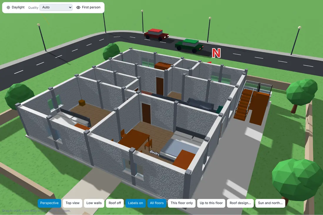 3D view of the house with interior rooms, columns and afternoon sun shadows