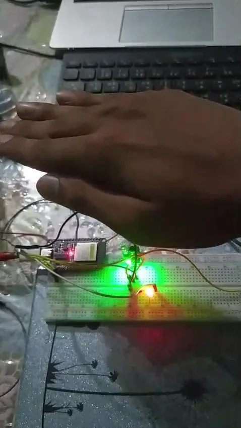 Hand placed in front of the IR sensor, warning LED turns on