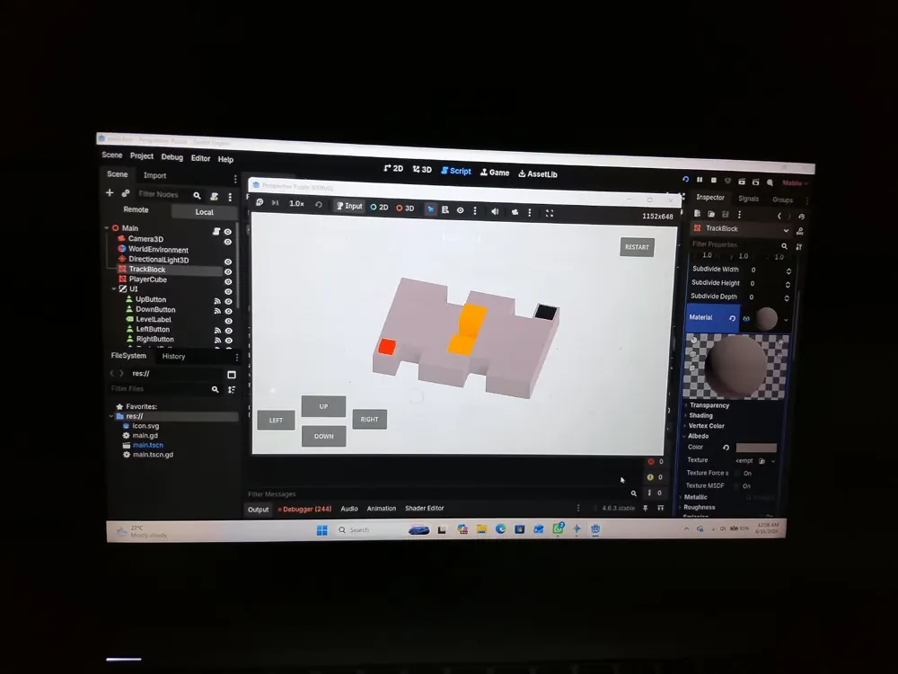Perspective Puzzle 3D game running inside the Godot editor