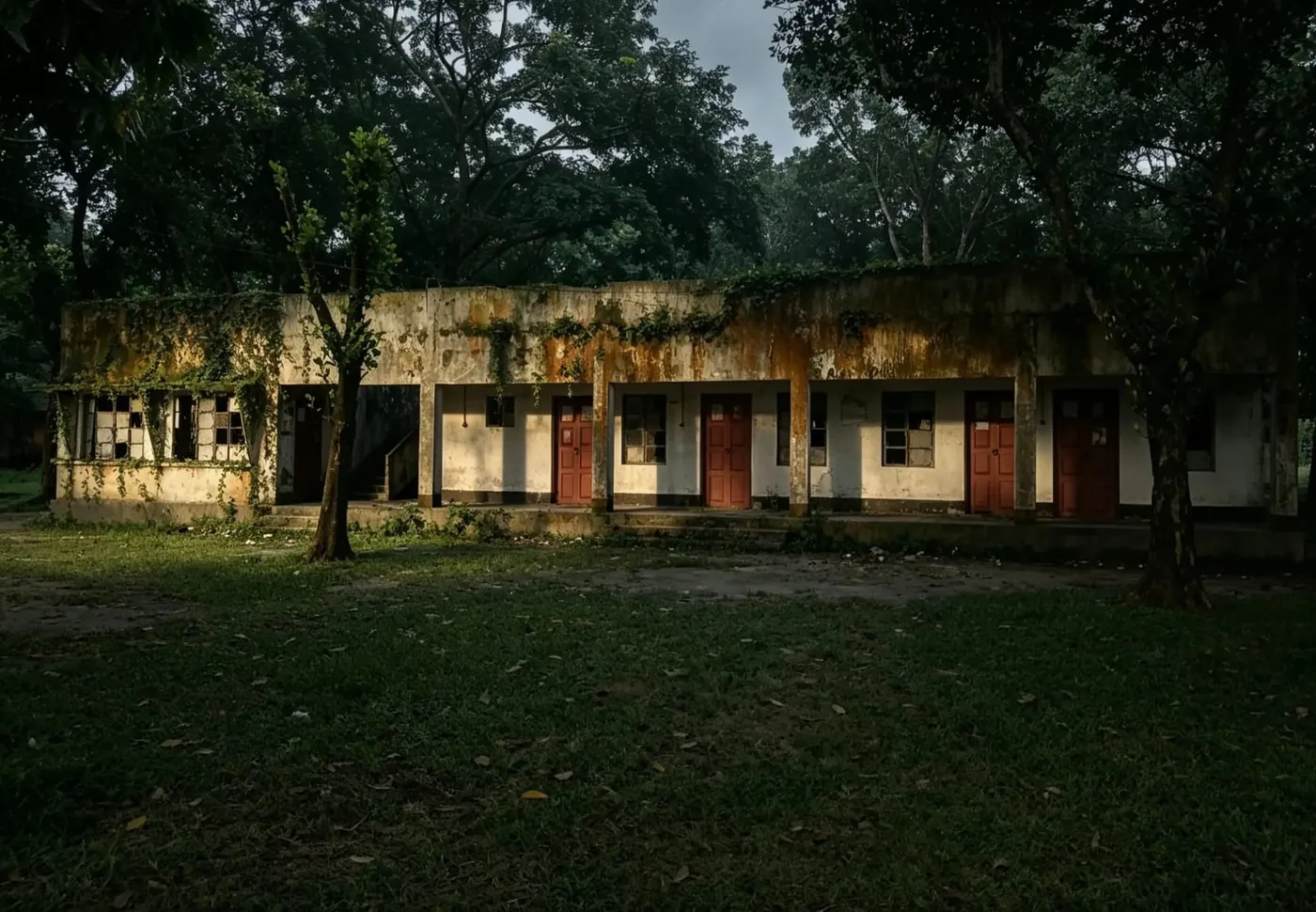 An old moss-covered school building with red doors among trees