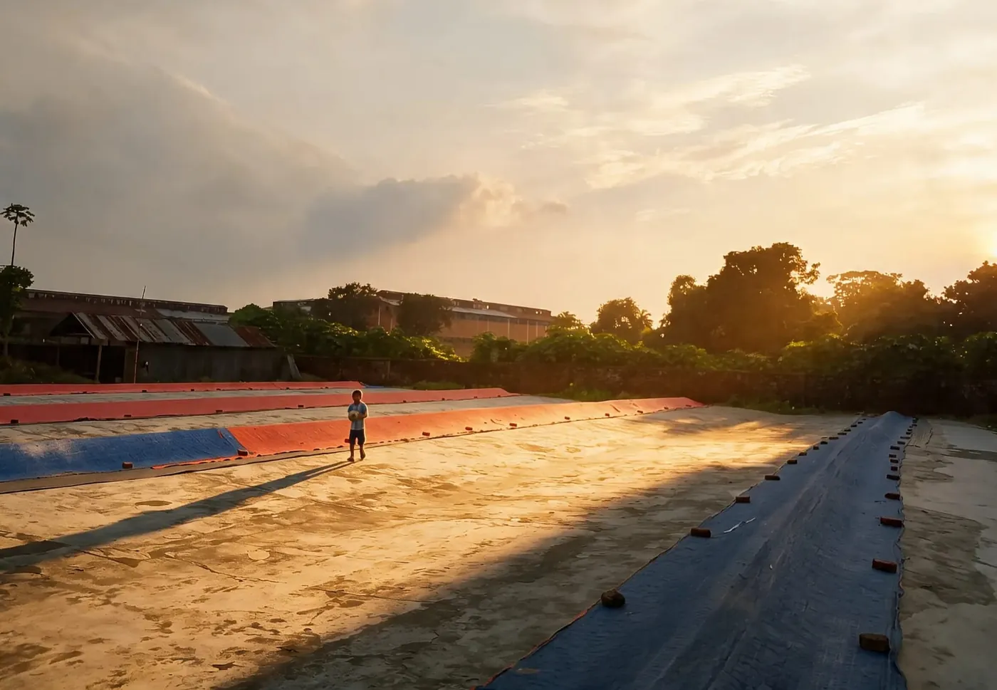 A child carrying a ball across a sunlit yard at sunset